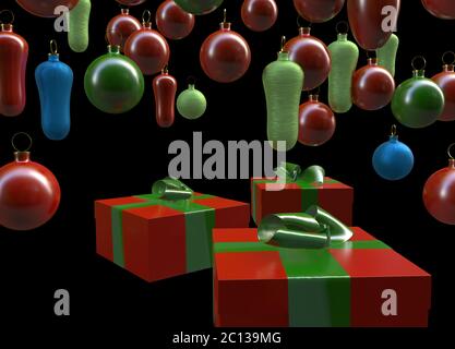 Nouvel An Noël rouge et vert coloré avec des arcs cadeaux de rubans sur fond de décorations boules colorées . Salutation Banque D'Images