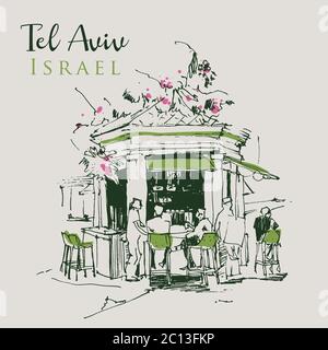 Dessin d'un café de kiosque à tel Aviv, Israël Illustration de Vecteur