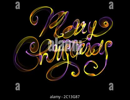 Joyeux Noël isolés texte écrit avec flamme feu de lumière sur fond noir. Couleur jaune et violet Banque D'Images