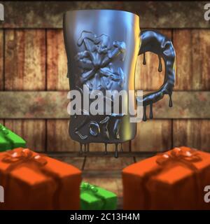 Bonne année 2017 numéros isolés écrits sur une grande tasse de fonte avec flocon de neige en métal sur fond de bois. illu 3d Banque D'Images