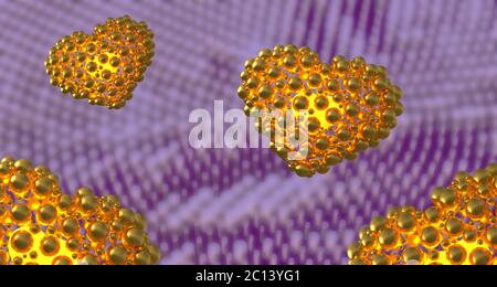 coeurs métalliques en or faits de sphères avec des réflexions et volant sur un bacille cylindrique abstrait. Bonne Saint Valentin 3d illus Banque D'Images