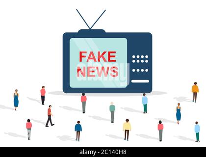 Une foule de personnes regardant un gigantesque téléviseur montrant DES FAUSSES NOUVELLES sur fond blanc, illustration vectorielle de style plat Illustration de Vecteur
