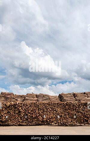 malles en bois empilés à l'extérieur avec un ciel bleu au-dessus du séchage de bois de patio Banque D'Images