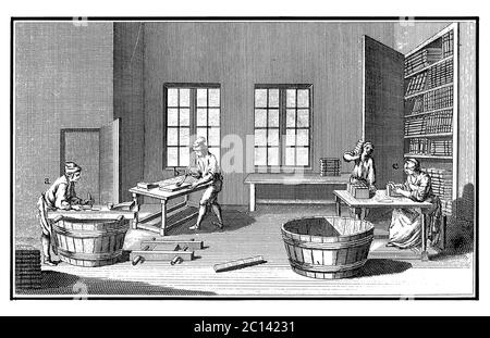 illustration du xviiie siècle d'un atelier de reliure. Publié dans 'A Diderot Pictorial Encyclopedia of Trades and Industry. Fabrication et technologie Banque D'Images