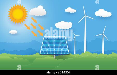 cellule solaire, idée écologique, paysage urbain style d'art papier, technologie économie d'énergie, conception de vecteur Illustration de Vecteur