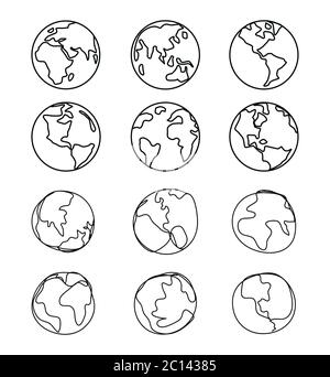 Jeu de dessin de ligne du monde, carte graphique, vecteur de terre. Illustration de Vecteur