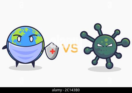 Vecteur du coronavirus de lutte contre la Terre. Illustration de la terre avec bouclier et vecteur de virus. Style dessin animé plat Illustration de Vecteur