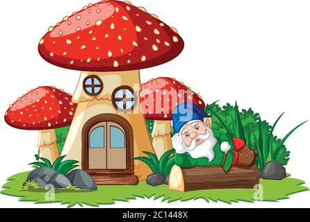 GNOME allongé sur une souche à côté de la maison de champignons sur fond blanc Illustration de Vecteur