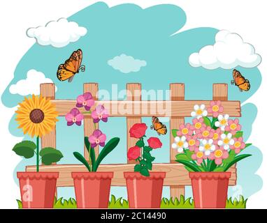 Scène de jardin avec de belles fleurs et papillons illustration Illustration de Vecteur