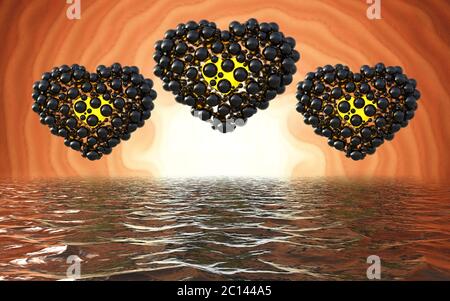 coeurs noirs en sphères avec réflexions isolées sur fond involute lumineux et lac. Bonne Saint Valentin 3 Banque D'Images