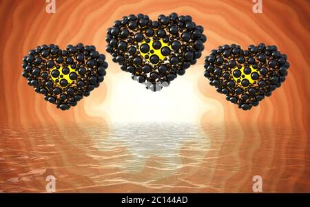 coeurs noirs en sphères avec réflexions isolées sur fond involute lumineux et lac. Bonne Saint Valentin 3 Banque D'Images