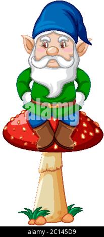 GNOME assis sur un champignon en personnage de dessin animé sur fond blanc Illustration de Vecteur