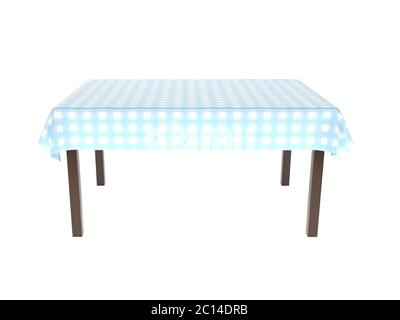 Table avec nappe bleue à carreaux. illustration de rendu 3d isolée sur fond blanc Banque D'Images