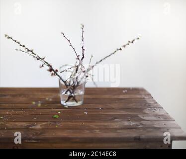 Branche en fleur sur table en bois Banque D'Images