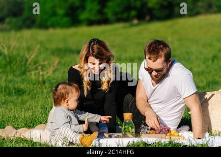 Parents et leur petit fils pour un pique-nique à la campagne Banque D'Images