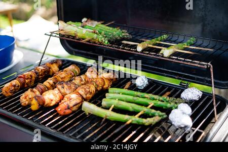 Asperges vertes tendres fraîches cuites avec des brochettes de légumes et de viande dans une marinade aux herbes sur le gril, à l'extérieur. Plats savoureux. Pique-nique d'été dans le jardin Banque D'Images