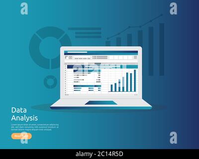 analyse des big data à l'écran. Analyse SEO, audit d'entreprise de feuille de calcul avec graphiques graphiques. Retour sur investissement ROI, audit, projet, marketing Illustration de Vecteur