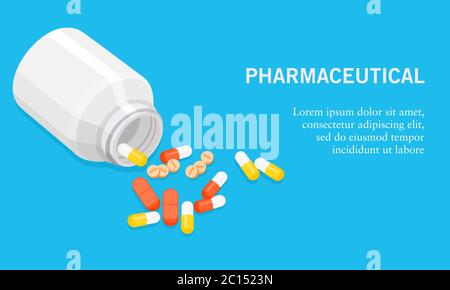 Illustration vectorielle d'une bouteille de médicament ouverte avec des pilules, des capsules et des comprimés. Convient aux illustrations d'activités pharmaceutiques Illustration de Vecteur