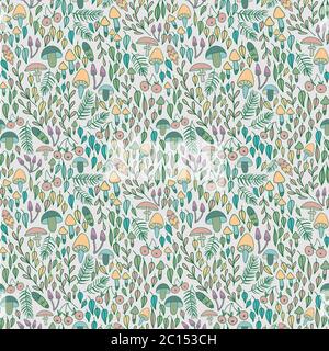 Motif sans couture, champignons, baies et feuilles. Illustration de Vecteur