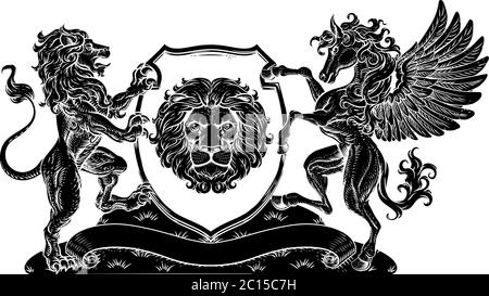 Armoiries Pegasus Lion Crest Shield Family Seal Illustration de Vecteur