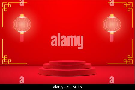 podium rouge avec lanterne chinoise en nouvel an chinois Illustration de Vecteur