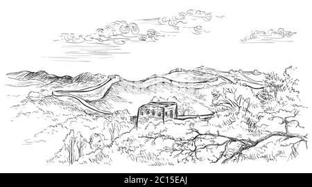 Croquis de la Grande Muraille de Chine, monument de la Chine. Illustration de dessin vectoriel à main en noir isolée sur fond blanc. Chine Voyage Conce Illustration de Vecteur