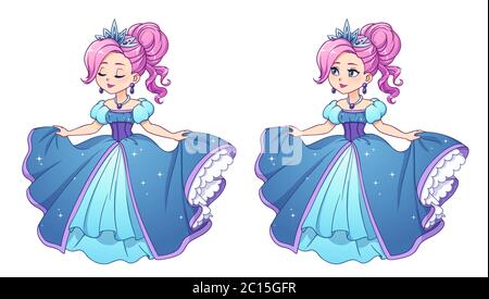 Jolie petite princesse aux cheveux roses et portant une robe de boule bleue et une couronne argentée. Grande tête de dessin animé. Versions à yeux ouverts et fermés. V ect. Dessiné à la main Illustration de Vecteur