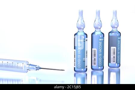 Ampoules contenant le vaccin fictif contre le pathogène corona responsable de la maladie pulmonaire Covid-19 - illustration 3d Banque D'Images