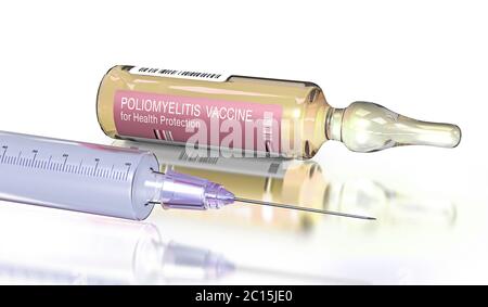 Ampoule couchée remplie d'un vaccin contre la polio et d'une seringue au premier plan - illustration 3d Banque D'Images