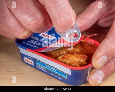 Un doigt d’homme dans un anneau tirer sur le couvercle partiellement ouvert d’une boîte contenant des filets de Nixe (marque Lidl), prêts à manger, de maquereau dans une sauce tomate. Banque D'Images