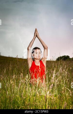 Femme pratiquant le yoga dans un domaine de fleurs sauvages et d'herbe, concept de mode de vie sain. Banque D'Images