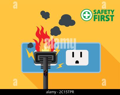 La fiche d'alimentation est pleine, court-circuit, incendie domestique, sécurité d'abord, conception Vector Illustration de Vecteur