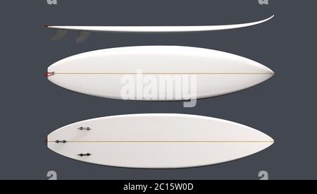 Dessus de planche de surf personnalisée blanche, vue avant et latérale avec ailettes - illustration 3d Banque D'Images