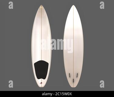 Deux planches de surf vierges, vue avant et inférieure avec ailettes, bouchon et tampon. Banque D'Images