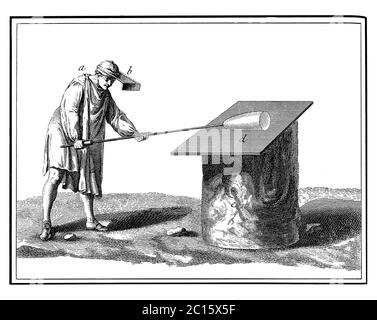 Illustration ancienne de la manière dont le souffleur fait chauffer son premier appareil. Publié dans 'A Diderot Pictorial Encyclopedia of Trades and Industry. Fabrication et Banque D'Images