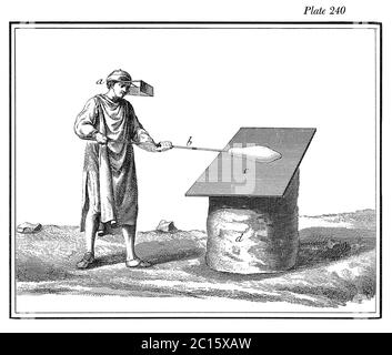 Illustration ancienne de la façon dont le verre est roulé après le troisième chauffage. Publié dans 'A Diderot Pictorial Encyclopedia of Trades and Industry. Manu Banque D'Images
