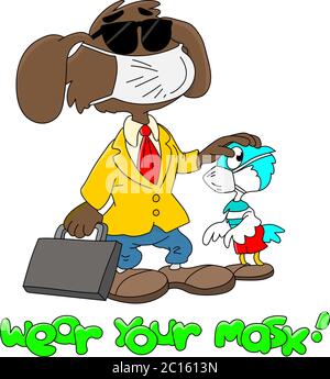 Dessin animé chien et oiseau portant des masques pour être à l'abri de l'illustration du vecteur du virus corona Illustration de Vecteur