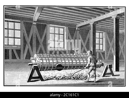 illustration du xviiie siècle d'un feu sur le plancher de l'atelier sous le moule pour sécher l'argile. Publié dans 'A Diderot Pictorial Encyclopedia of Trad Banque D'Images