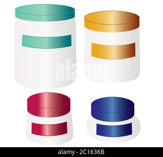 Assortiment de jarres graphiques de différentes tailles et formes avec couvercles de différentes couleurs. Isolé sur fond blanc. Banque D'Images