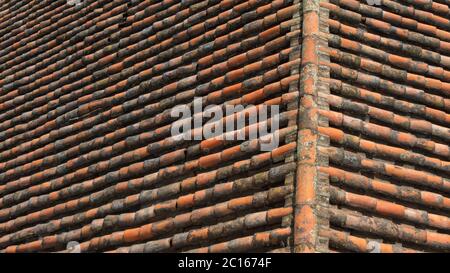 Texture de fond d'un toit de maison ancienne avec tuiles d'argile rouge avec moule Banque D'Images