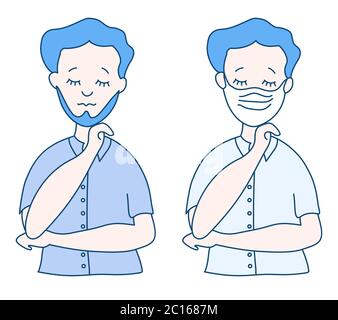 Un homme avec une barbe dans un masque médical. Et un homme sans masque sur son visage avec des yeux fermés dans une chemise. Protection contre les virus, COVID-19 et air Illustration de Vecteur