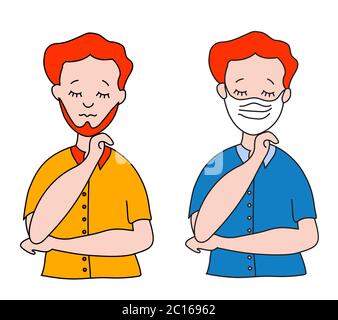 Un homme avec une barbe dans un masque médical. Et un homme sans masque sur son visage avec ses yeux fermés dans une chemise brillante. Protection contre les virus, COVID Illustration de Vecteur