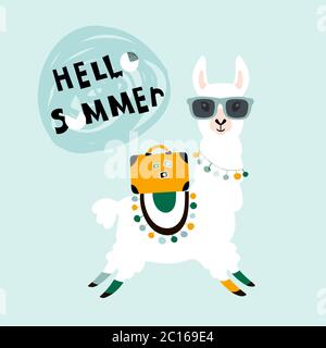 Llama Alpaca. Carte Hello Summer. Illustration vectorielle Illustration de Vecteur
