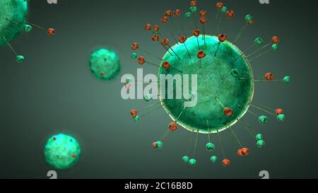 3D Illustration de quatre cellules virus de couleur verte avec tentacules vert et rouge Banque D'Images