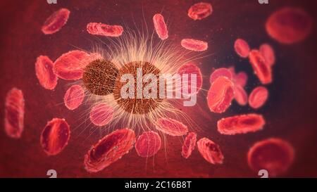 Illustration 3d de cellules de virus dans le sang avec des globules rouges Banque D'Images