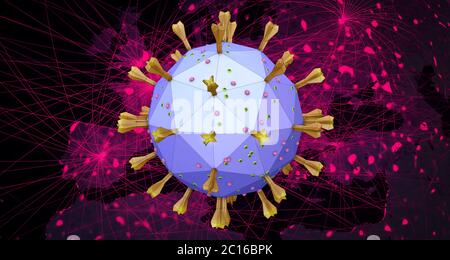 Le virus Corona survole une carte de l'Europe montrant des voies fictives d'une épidémie pandémique - illustration 3d Banque D'Images