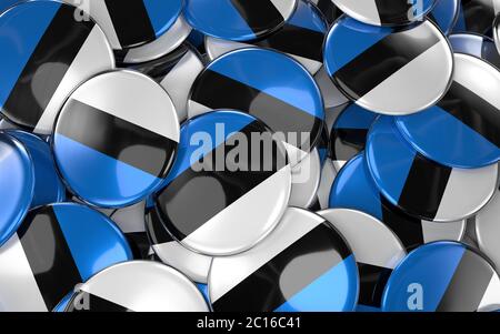 Médailles d'Estonie fond - pile de boutons de drapeau estonien. Banque D'Images