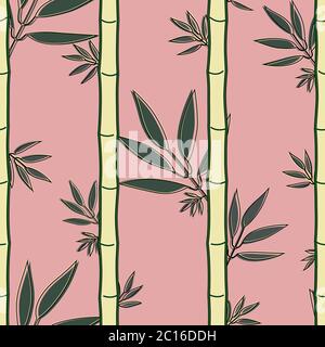 Motif sans couture avec bambou vert et feuilles vertes douces sur fond rose doux. Illustration de Vecteur