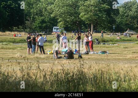 WIMBLEDON LONDRES, ROYAUME-UNI. 14 juin 2020. Wimbledon Common est rempli de gens qui profitent du soleil de l'après-midi après-midi après que les restrictions de verrouillage ont été assouplies par le gouvernement permettant aux gens de se rassembler à l'extérieur à condition que les gens suivent les directives de distance sociale. Crédit : amer ghazzal/Alay Live News Banque D'Images