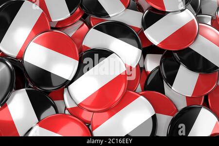 Médailles du Yémen fond - pile de boutons de drapeau yéménite. Banque D'Images